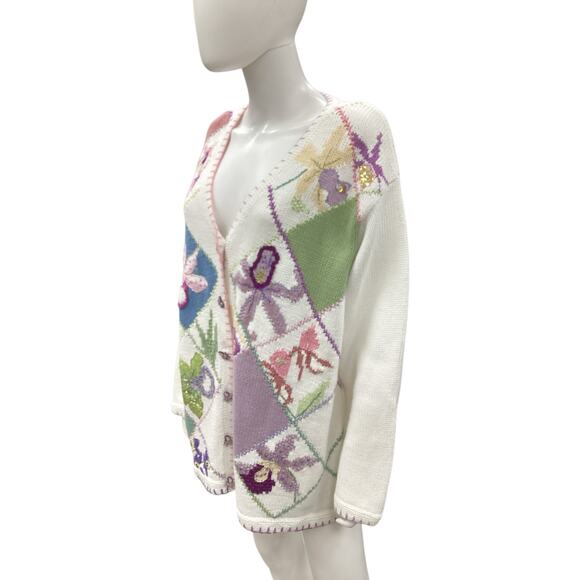 VTG Handknits By Storybook Knits Cardigan Women’s SZ 2X Flowers Beads Multicolor - Picture 2 of 7